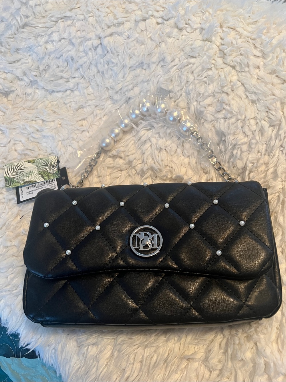 Badgley Mischka Black Quilted Shoulder Bag with Pearl-Accent Chain